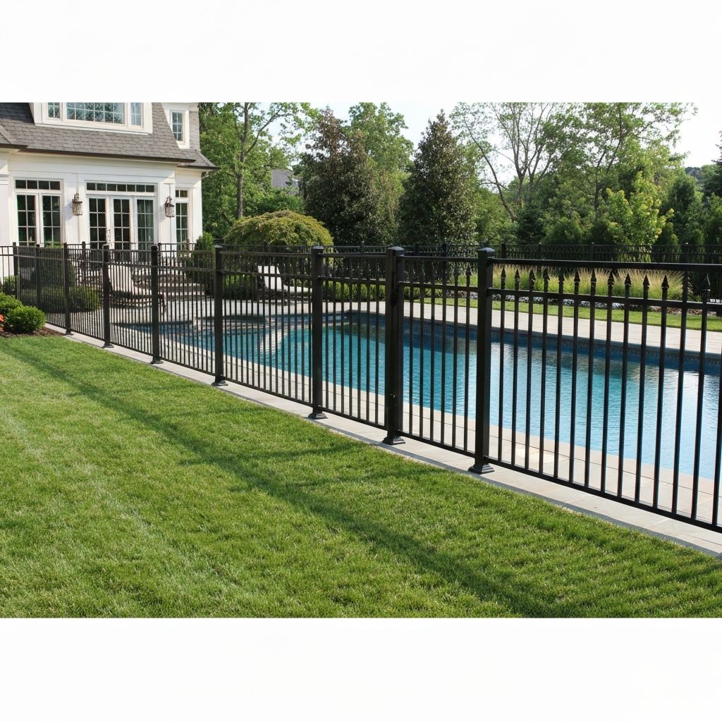 Sleek black aluminum ornamental fence around pool area