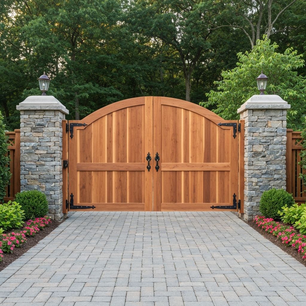 Custom wooden driveway gate with decorative hardware