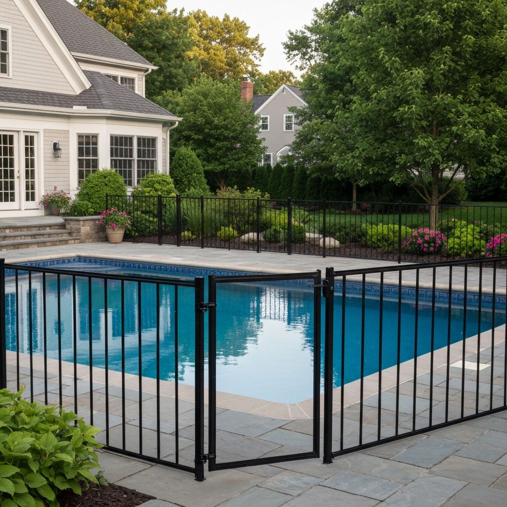 Black aluminum pool safety fence installation