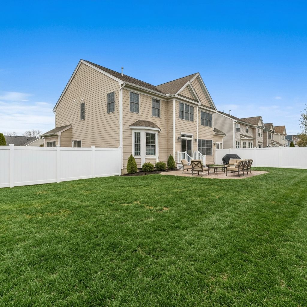 White vinyl privacy fence enclosing beautiful backyard